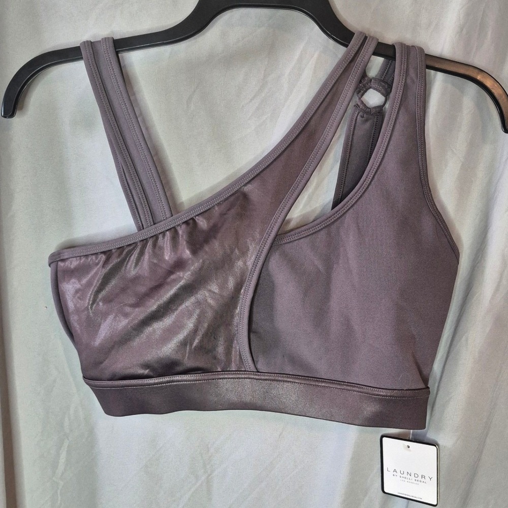 Laundry by Shelli Segal Women XL Gray Asymmetric Metallic Panel Sports Bra NWT